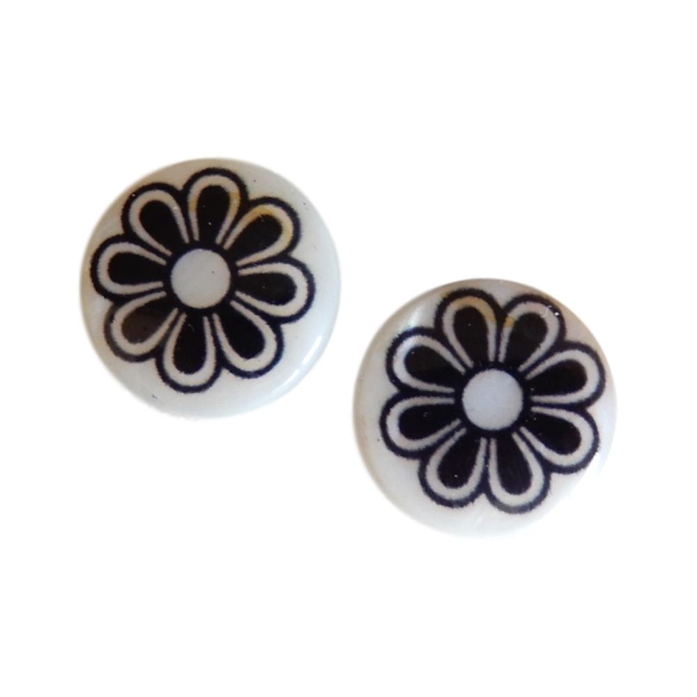 Rond plat 15 mm Imprimé fleur noire