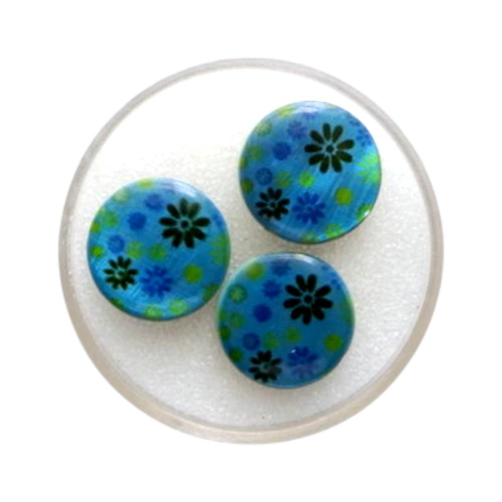 Rond plat 15 mm Turquoise imprimé fleurs